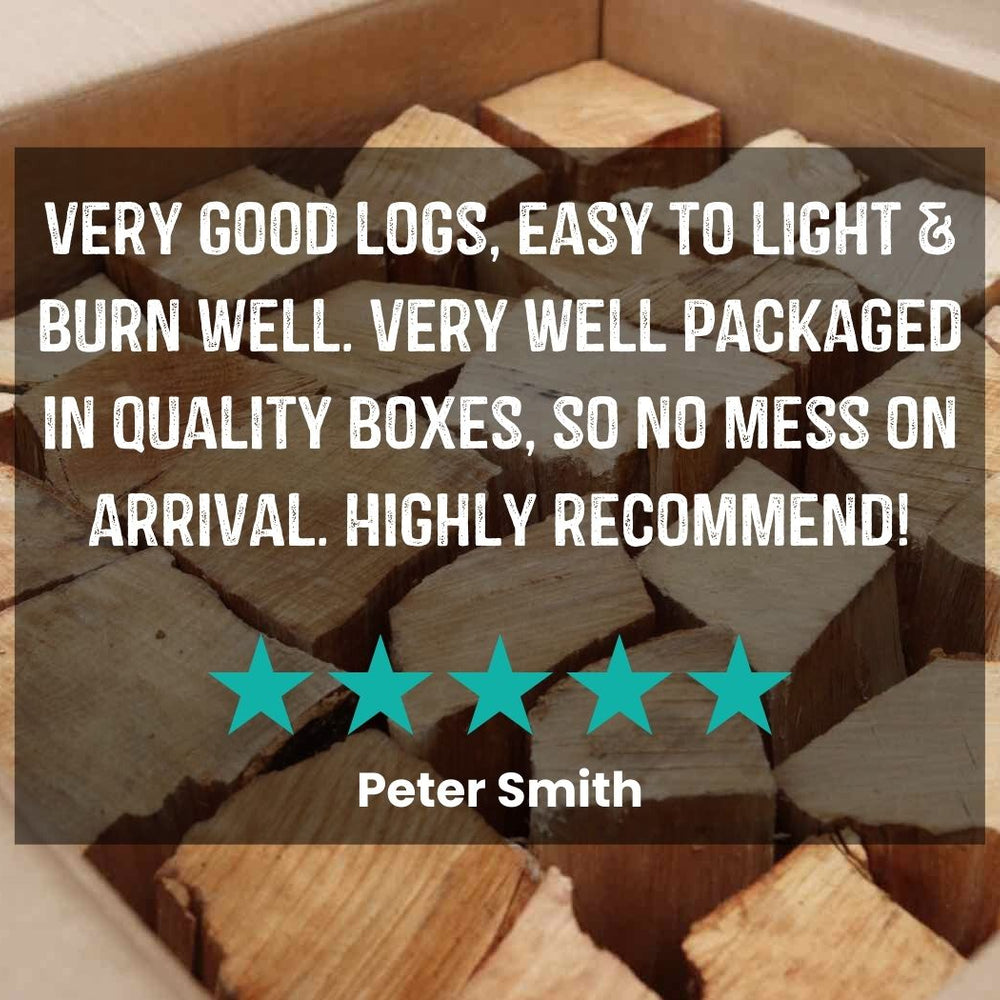 Customer review of Love Logs Box of Kiln Dried British Logs which reads: Very good logs, easy to light and burn well. Very well packaged in quality boxes so no mess on arrival. Highly recommend!'