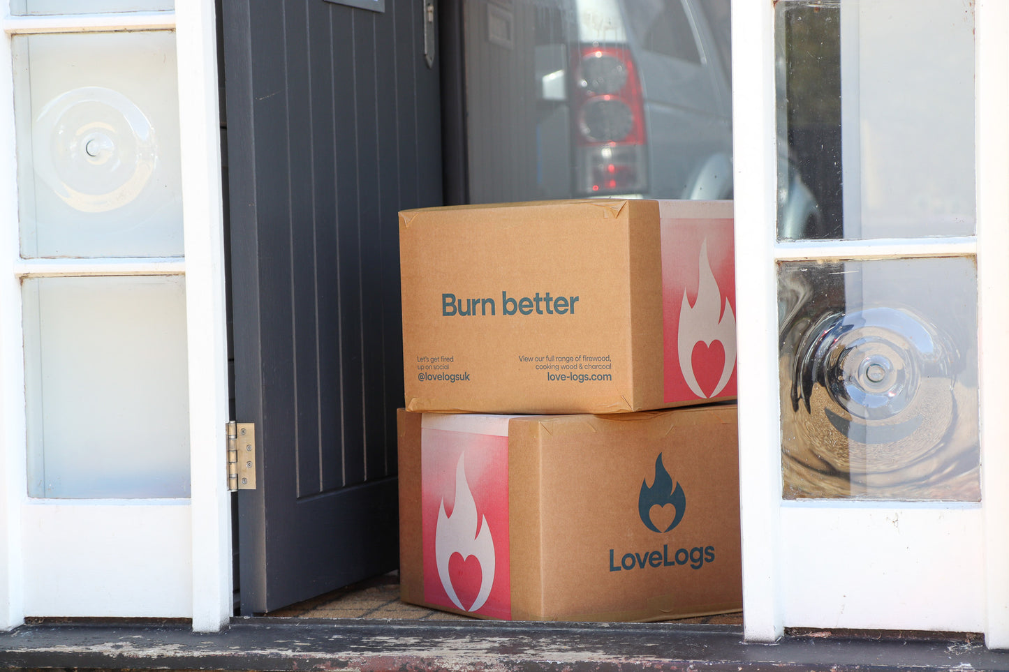 Boxes of Love Logs in Porch