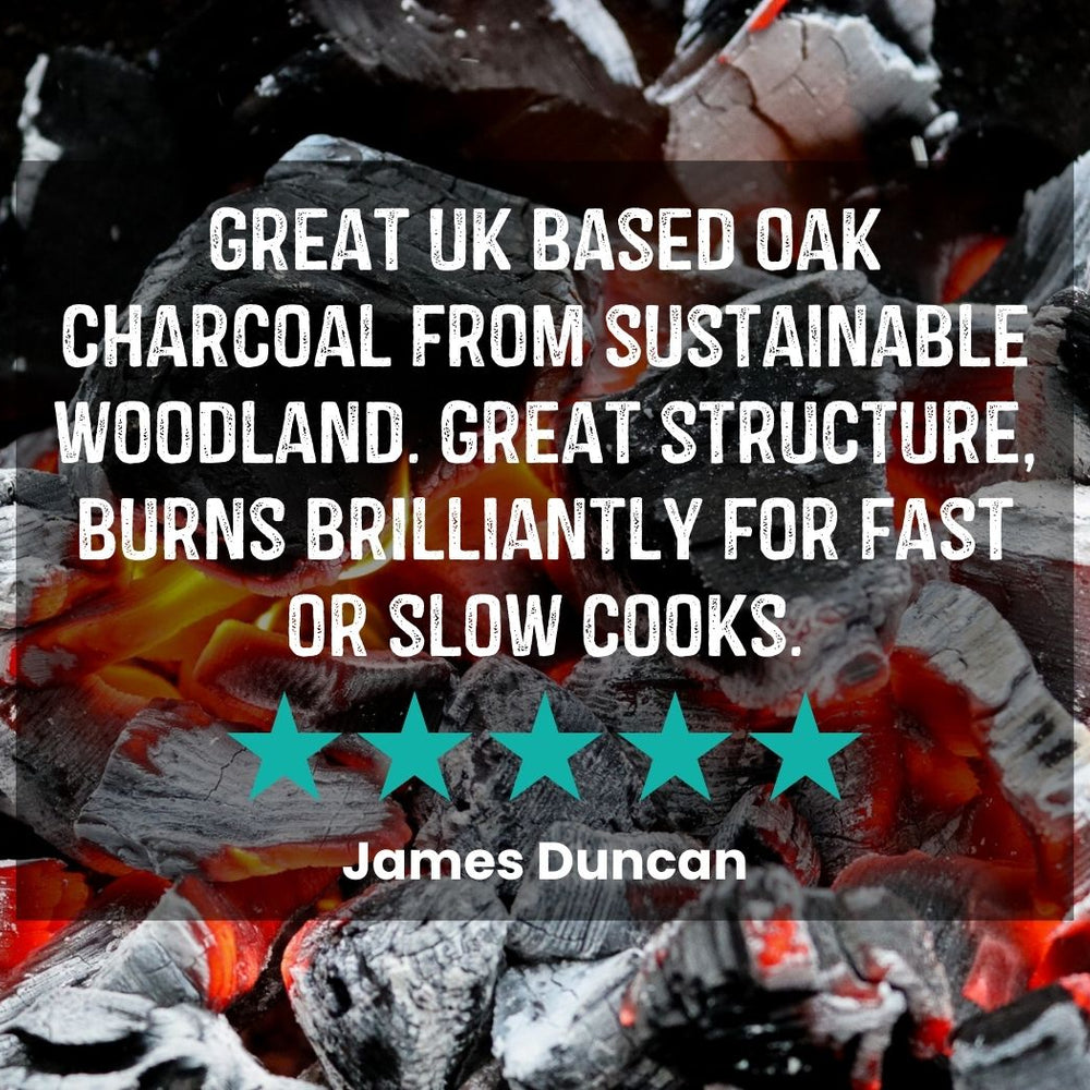 Customer Review of Love Logs Sustainable Oak Charcoal which reads: 'Great UK based Oak Charcoal from sustainable woodland. Great structure. Burns brilliantly for fast or slow cooks.