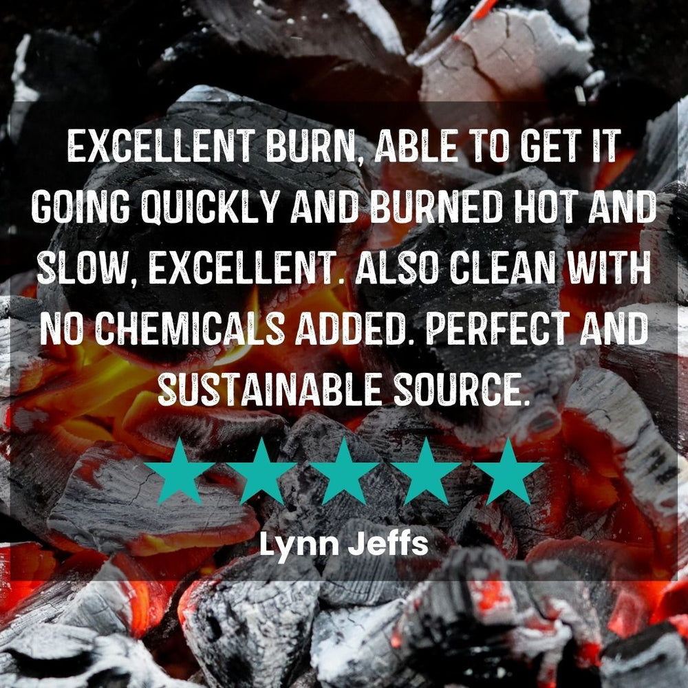Customer Review of Love Logs Sustainable British Charcoal that says: 'Excellent burn, able to get it going quickly and burned hot and slow, excellent. Also clean with no chemicals added. Perfect and sustainable source'